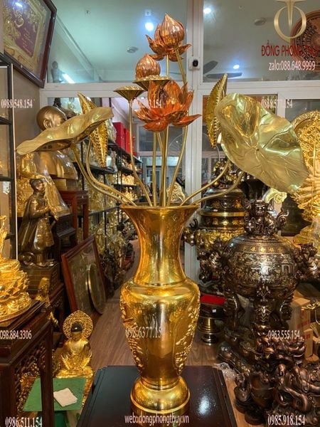 Đôi lục bình bằng đồng cao 35cm dát vàng 24K