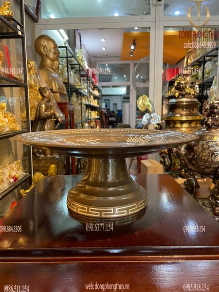 Mâm bồng đồng đỏ khảm tam khí đường kính 28cm
