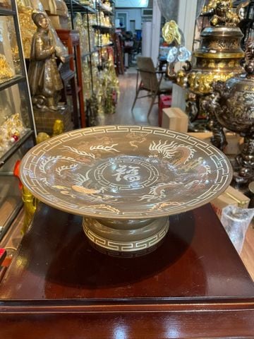 Mâm bồng đồng đỏ khảm tam khí đường kính 28cm
