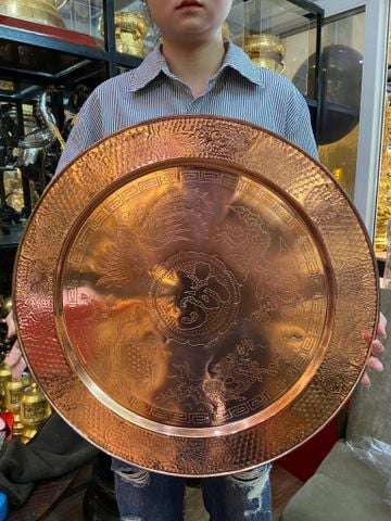 Mâm đồng đỏ Đại Bái chạm tứ linh 12 con giáp đường kính 57cm nặng 2,3kg