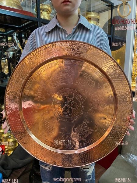 Mâm đồng đỏ Đại Bái chạm tứ linh 12 con giáp đường kính 57cm nặng 2,3kg