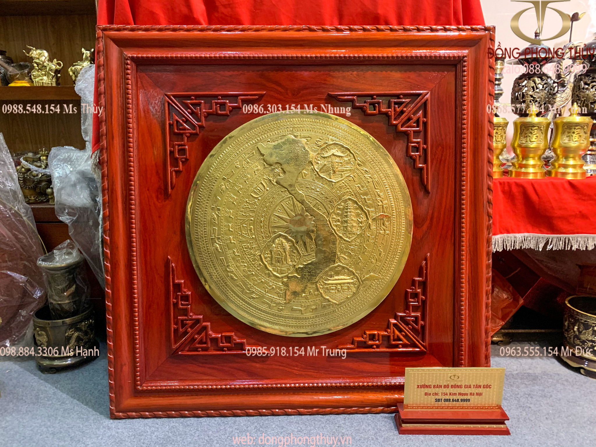 Tranh trống đồng khung 102cm gỗ hương đỏ mặt 60cm hình bản đồ Việt nam