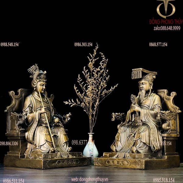 Ngọc Hoàng Đại Đế - Vương Mẫu Nương Nương bằng đồng 30cm màu hun