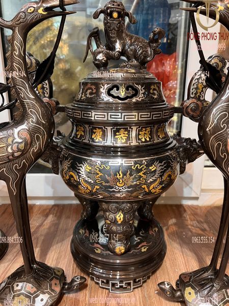 Ngũ sự đỉnh đồng khảm ngũ sắc cao 55cm