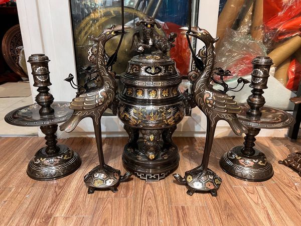 Ngũ sự đỉnh đồng khảm ngũ sắc cao 55cm