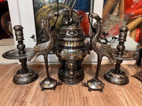 Ngũ sự đỉnh đồng khảm ngũ sắc cao 55cm