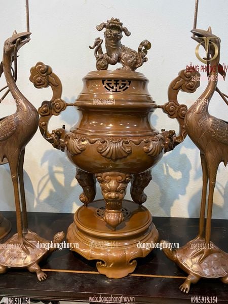 Bộ đỉnh đồng Ngũ sự  hoa sòi mẫu cổ cao 65cm nặng 33kg