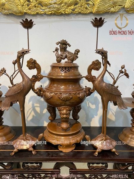 Bộ đỉnh đồng Ngũ sự  hoa sòi mẫu cổ cao 65cm nặng 33kg