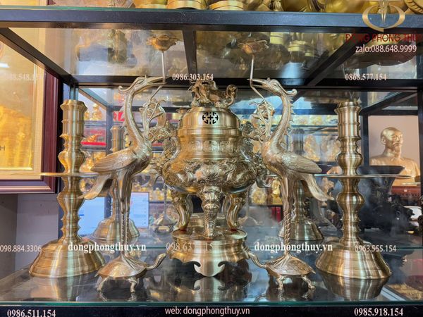 Bộ đỉnh đồng Ngũ sự cát tút song long chầu nguyệt cao 60cm