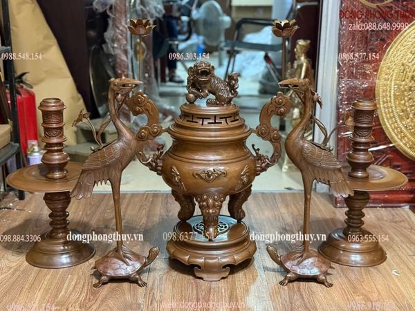 Bộ đỉnh đồng thờ Ngũ sự dơi cao 60cm nặng 33kg màu cổ