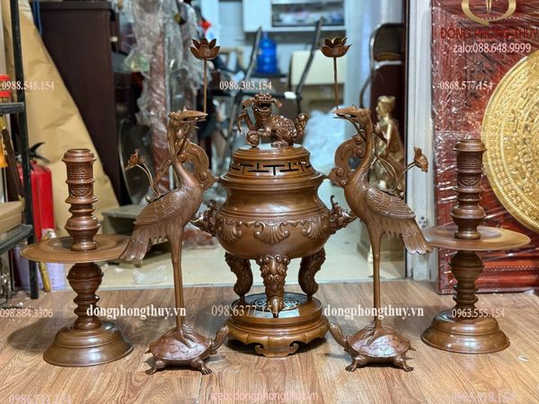 Bộ đỉnh đồng thờ Ngũ sự sòi cao 60cm nặng 32kg màu cổ