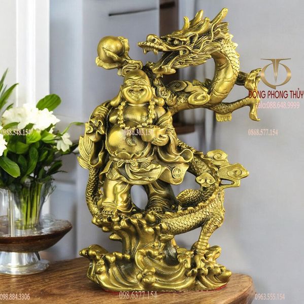 Tượng phật di lặc bằng đồng vác bao tiền dâng tiền cưỡi rồng lướt mây 23,5cm