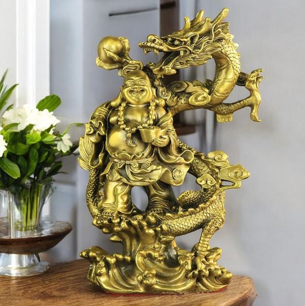 Tượng phật di lặc bằng đồng vác bao tiền dâng tiền cưỡi rồng lướt mây 23,5cm