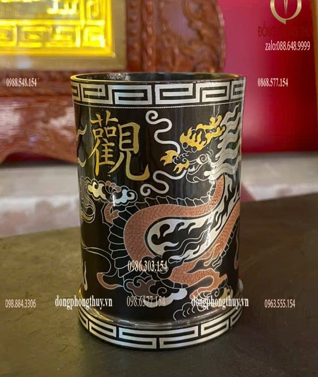 ống bút bằng đồng đỏ khảm ngũ sắc