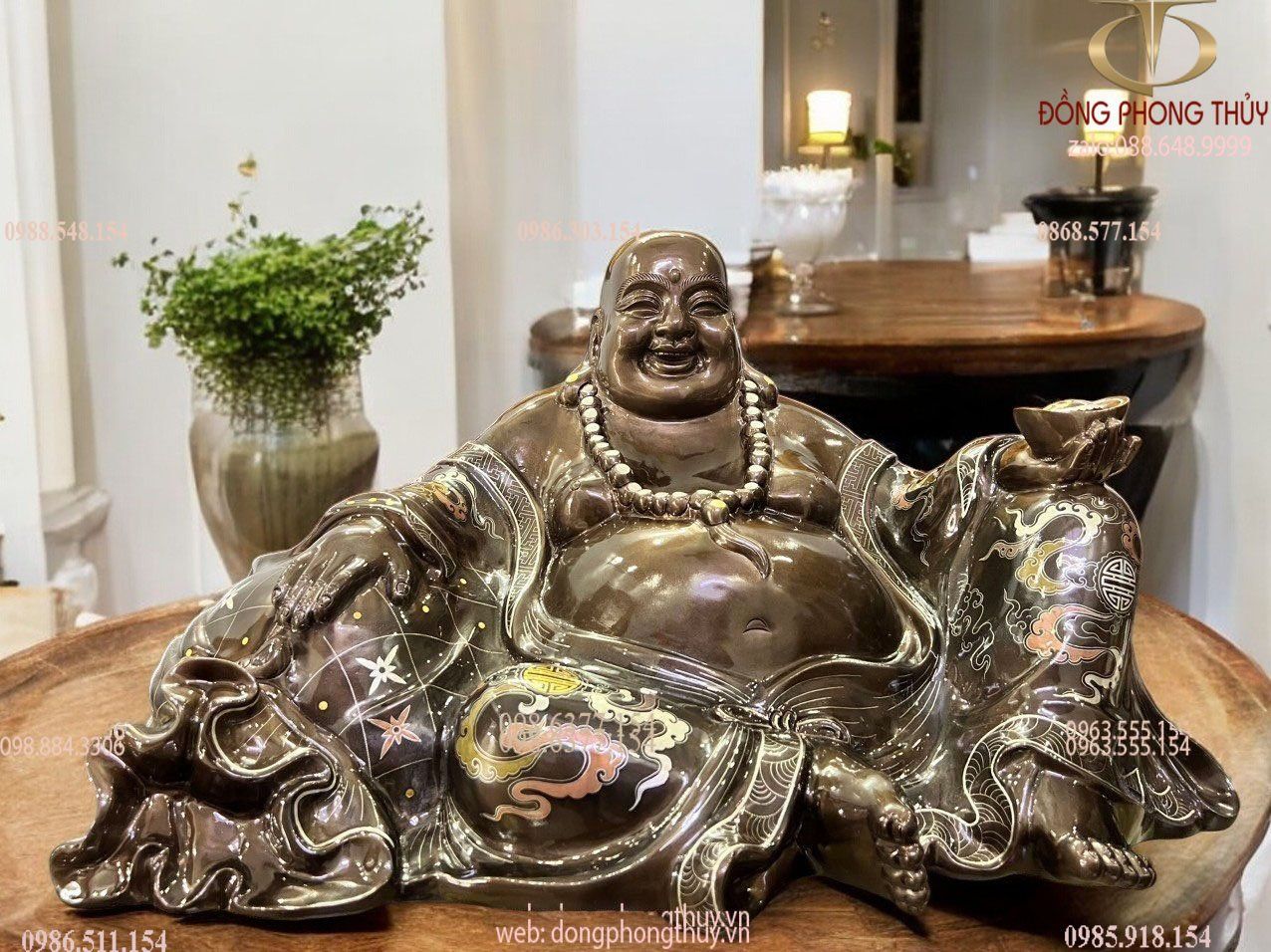 Tượng di lặc bằng đồng đỏ khảm ngũ sắc