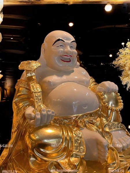 Tượng phật Di Lặc tọa đài sen dát vàng vẽ màu cao 50, nặng 24,5kg