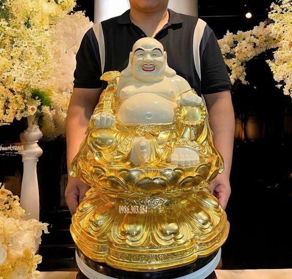 Tượng phật Di Lặc tọa đài sen dát vàng vẽ màu cao 50, nặng 24,5kg