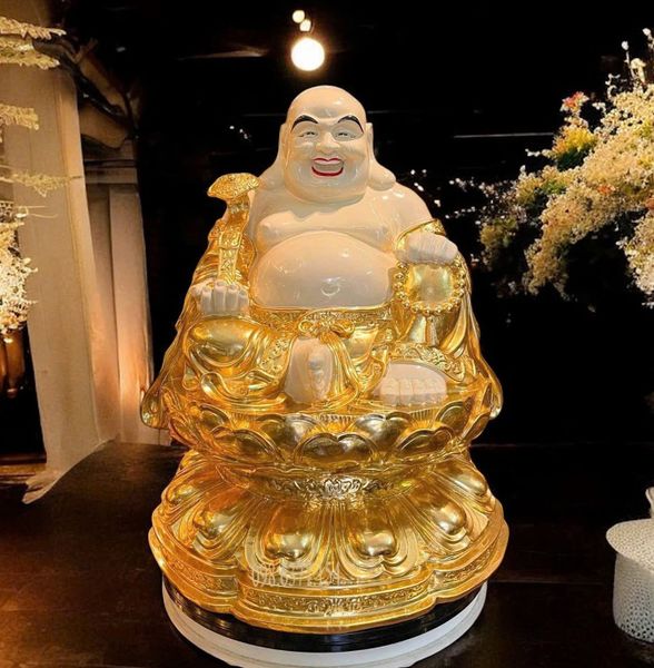 Tượng phật Di Lặc tọa đài sen dát vàng vẽ màu cao 50, nặng 24,5kg