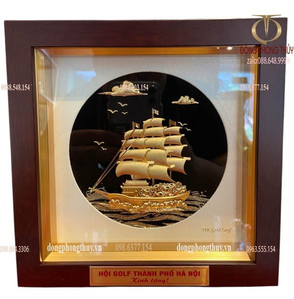 Tranh mạ vàng:  thuyền buồm mạ vàng 20x20x3,5cm