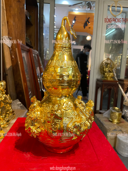 Hồ lô phong thủy bát tiên bằng đồng dát vàng 24k