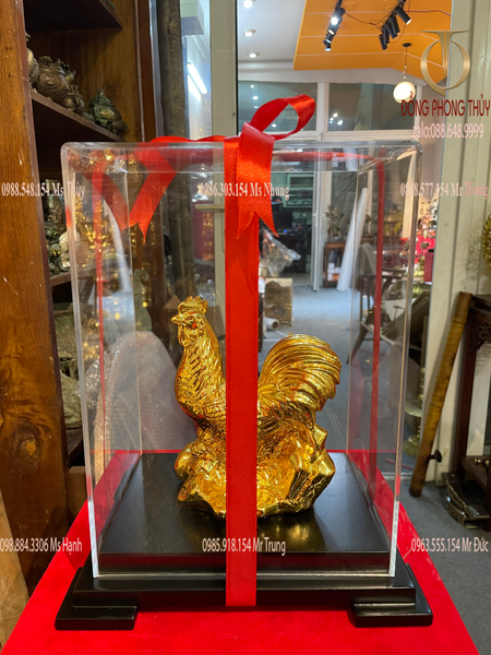 Quà tặng mạ vàng : Tượng gà phong thủy bằng đồng dát vàng 24k