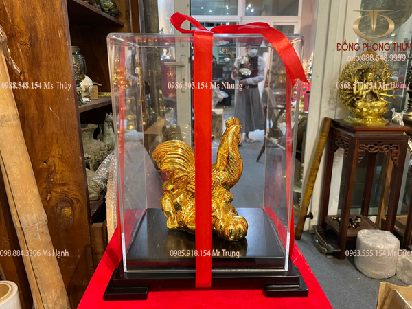 Quà tặng mạ vàng : Tượng gà phong thủy bằng đồng dát vàng 24k