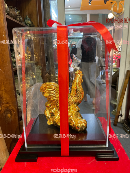 Quà tặng mạ vàng : Tượng gà phong thủy bằng đồng dát vàng 24k