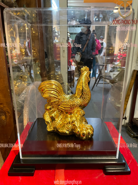 Quà tặng mạ vàng : Tượng gà phong thủy bằng đồng dát vàng 24k