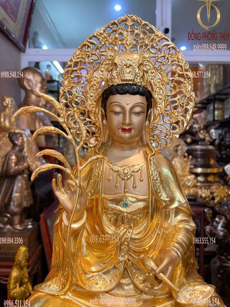 Tượng Quan Âm bằng đồng dát vàng 24K vẽ màu đính đá cao cấp
