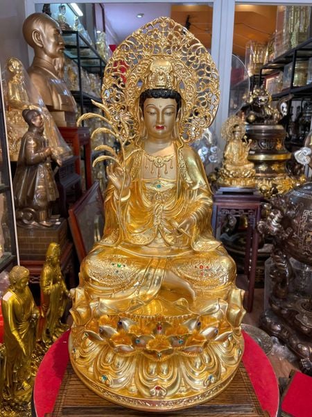 Tượng Quan Âm bằng đồng dát vàng 24K vẽ màu đính đá cao cấp