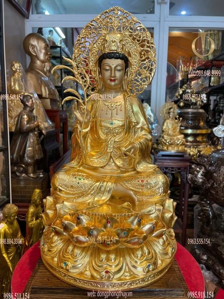 Tượng Quan Âm bằng đồng dát vàng 24K vẽ màu đính đá cao cấp