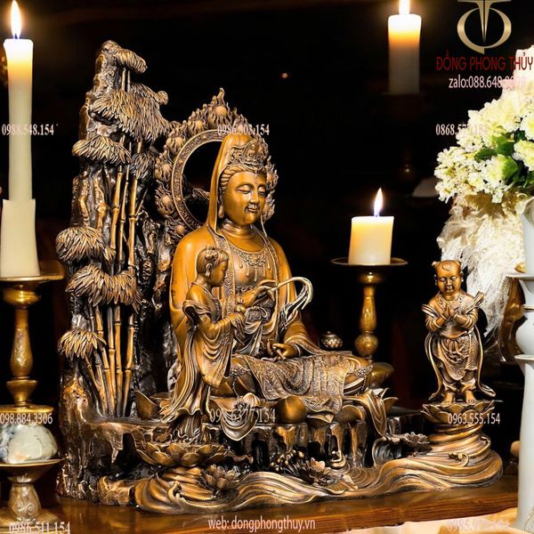 Quan Âm và Thiện Tài Đồng Tử bằng đồng hun nâu Cao 50 ngang 45 sâu 25 nặng 31 kg