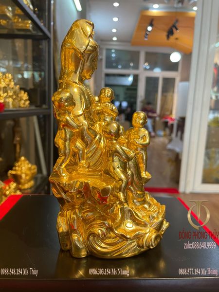 Tượng phật quan âm ngũ phúc bằng đồng dát vàng 24k