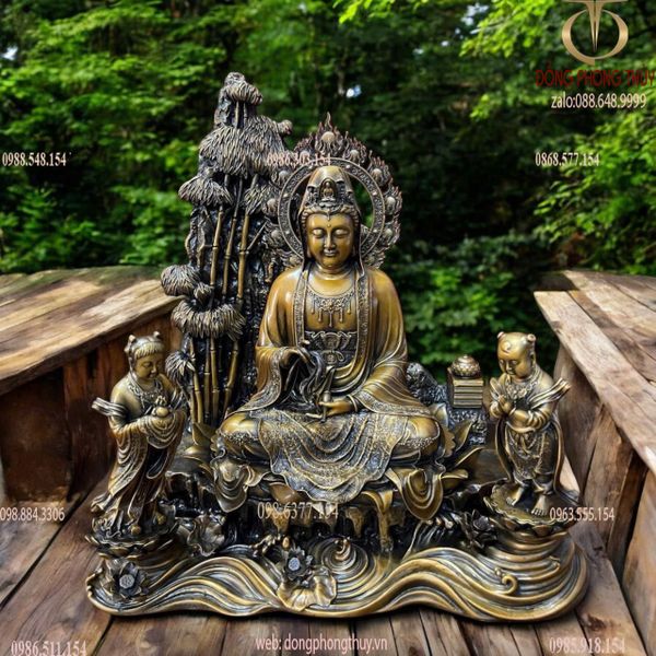 Quan Âm và Thiện Tài Đồng Tử bằng đồng hun nâu Cao 50 ngang 45 sâu 25 nặng 31 kg