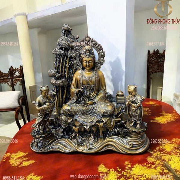 Quan Âm và Thiện Tài Đồng Tử bằng đồng hun nâu Cao 50 ngang 45 sâu 25 nặng 31 kg