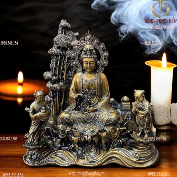 Quan Âm và Thiện Tài Đồng Tử bằng đồng hun nâu Cao 50 ngang 45 sâu 25 nặng 31 kg