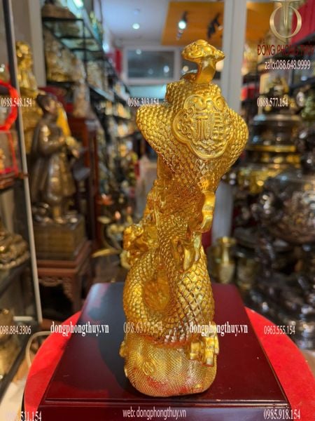 Tượng rắn ôm đồng tiền bằng đồng dát vàng 24k Cao 31 ngang 23 sâu 9 nặng 5,5kg