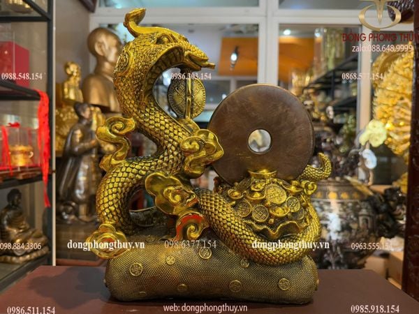 Tượng rắn ôm đồng tiền bằng đồng Cao 31 ngang 23 sâu 9 nặng 5,5kg