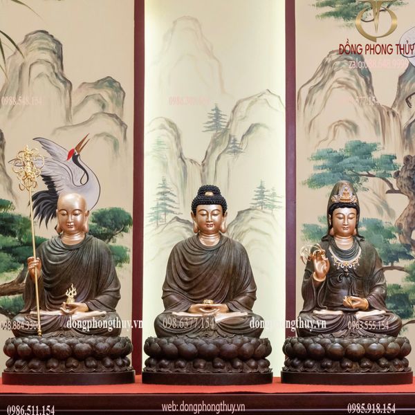 Tượng ta bà tam thánh bằng đồng cao 48cm màu xanh rêu