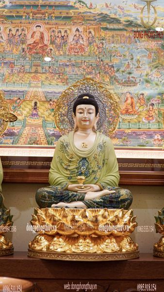 Tượng tây Phương Tam Thánh bằng đồng dát vàng 24k, vẽ gấm cao 48