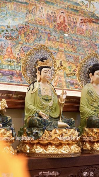 Tượng tây Phương Tam Thánh bằng đồng dát vàng 24k, vẽ gấm cao 48