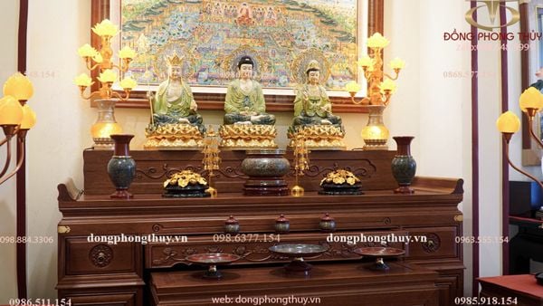 Tượng tây Phương Tam Thánh bằng đồng dát vàng 24k, vẽ gấm cao 48