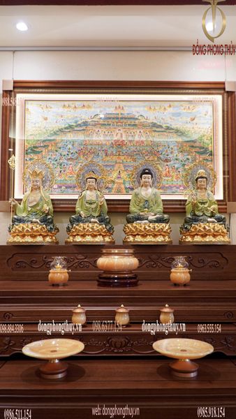 Tượng tây Phương Tam Thánh bằng đồng dát vàng 24k, vẽ gấm cao 48