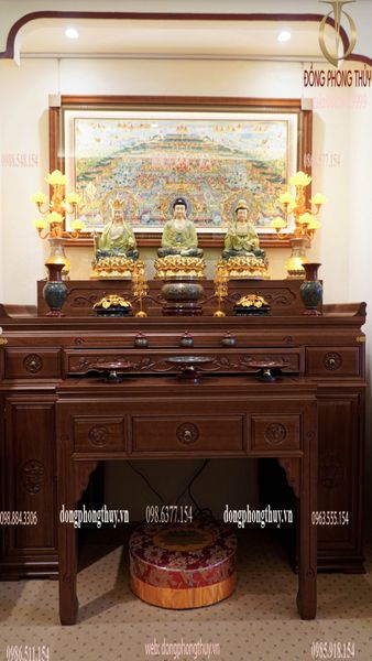 Tượng tây Phương Tam Thánh bằng đồng dát vàng 24k, vẽ gấm cao 48