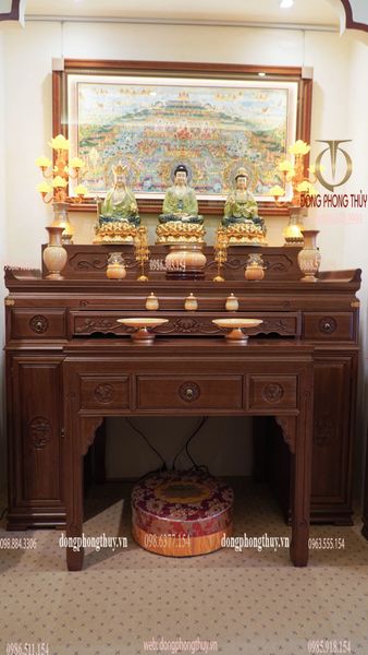 Tượng tây Phương Tam Thánh bằng đồng dát vàng 24k, vẽ gấm cao 48