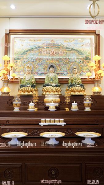 Tượng tây Phương Tam Thánh bằng đồng dát vàng 24k, vẽ gấm cao 48