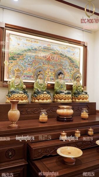 Tượng tây Phương Tam Thánh bằng đồng dát vàng 24k, vẽ gấm cao 48