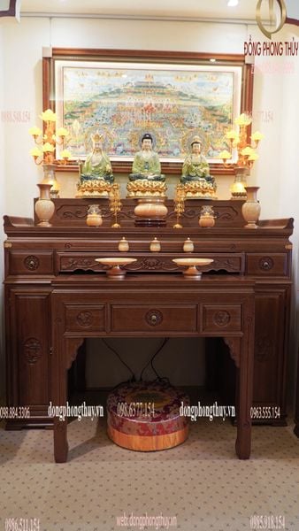 Tượng tây Phương Tam Thánh bằng đồng dát vàng 24k, vẽ gấm cao 48