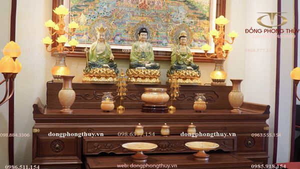 Tượng tây Phương Tam Thánh bằng đồng dát vàng 24k, vẽ gấm cao 48