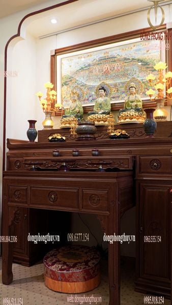 Tượng tây Phương Tam Thánh bằng đồng dát vàng 24k, vẽ gấm cao 48